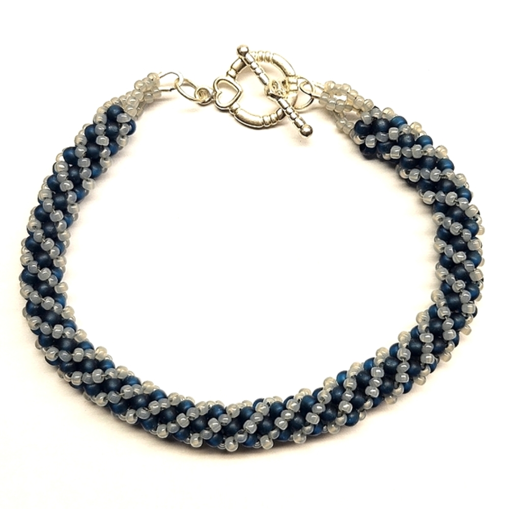 Blue And Gray Hand Woven Russian Spiral Beaded Bracelet